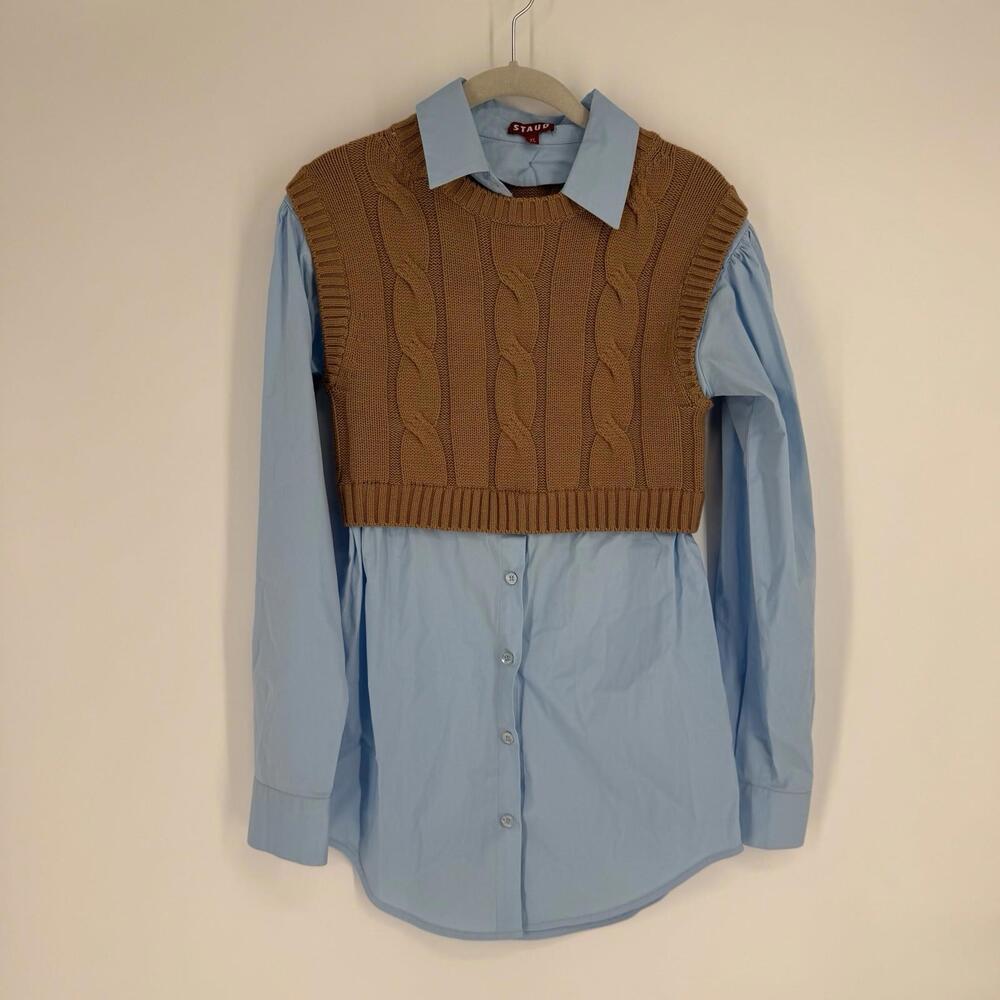STAUD Camel Cable-Knit Cropped Vest over Light Blue Shirt